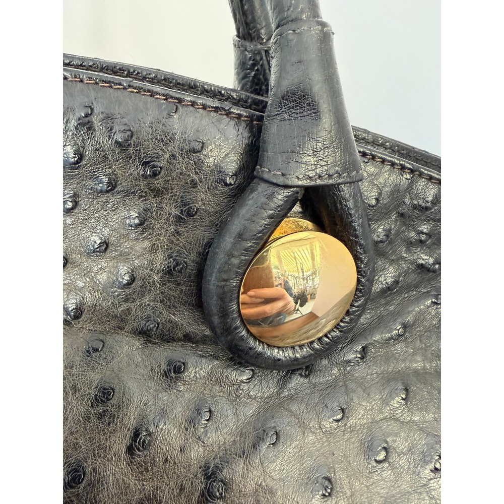 Vintage Bally Black Genuine Ostrich Leather Top Handle Bag Gold Hardware - Picture 5 of 16